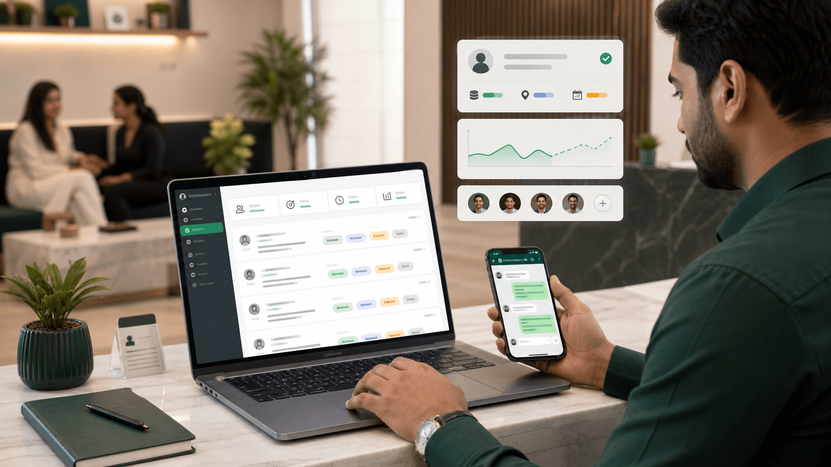 Service business owner reviewing LeadPilot lead dashboard and chat handoff